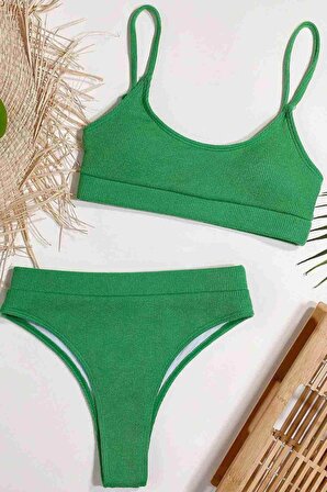  Yüksek Bel Fitilli Kumaş Tankini Bikini Takım Yeşil
