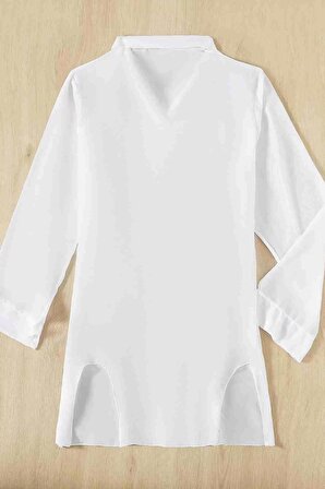  Şifon Gömlek Plaj Elbisesi Pareo Kimono Kaftan Beyaz