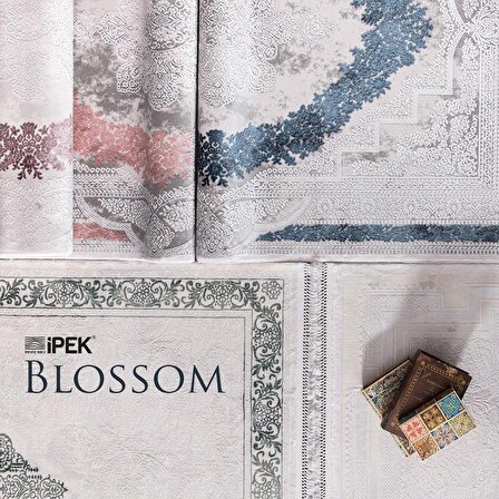 İpek Mekik Halı Blossom Lacivert Gri Klasik Saçaklı Halı