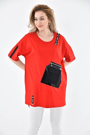Yuvarlak Yaka Şeritli Taşlı ve Fermuarlı Cep Detaylı Kırmızı Kadın Bluz