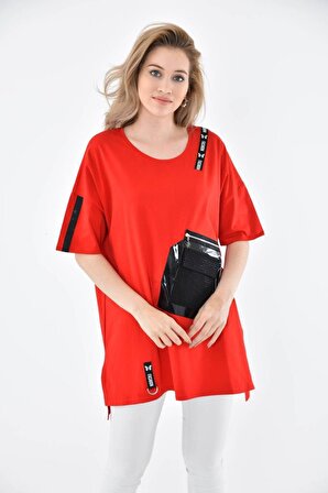 Yuvarlak Yaka Şeritli Taşlı ve Fermuarlı Cep Detaylı Kırmızı Kadın Bluz