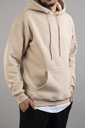 Erkek Kapüşonlu Basic Sweatshirt Bej
