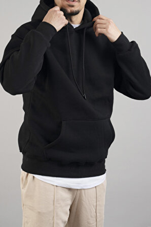 Erkek Kapüşonlu Basic Sweatshirt Siyah