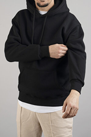 Erkek Kapüşonlu Basic Sweatshirt Siyah