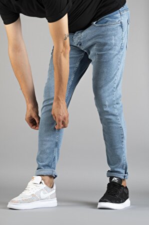 Erkek Slim Fit Dar Kesim Tırnaklı Kot Pantolon Buz Mavisi