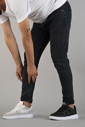 Erkek Slim Fit Dar Kesim Tırnaklı Kot Pantolon Füme