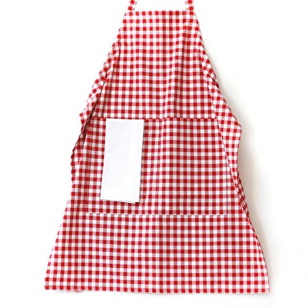 Bağcıklı, kırmızı beyaz kareli dokuma kumaş mutfak önlüğü  90x70 cm