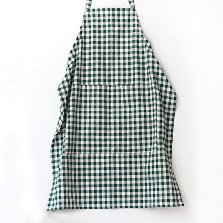 Bağcıklı, koyu yeşil beyaz kareli dokuma kumaş mutfak önlüğü  90x70 cm