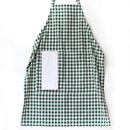 Bağcıklı, koyu yeşil beyaz kareli dokuma kumaş mutfak önlüğü  90x70 cm