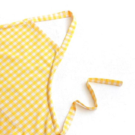 Bağcıklı, sarı beyaz kareli dokuma kumaş mutfak önlüğü  90x70 cm