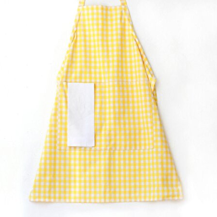 Bağcıklı, sarı beyaz kareli dokuma kumaş mutfak önlüğü  90x70 cm