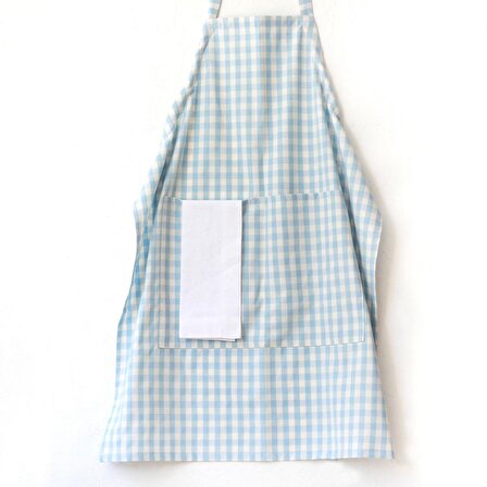 Bağcıklı, açık mavi beyaz kareli dokuma kumaş mutfak önlüğü  90x70 cm