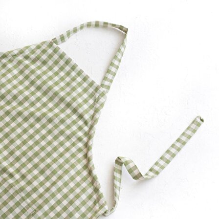 Bağcıklı, açık yeşil beyaz kareli dokuma kumaş mutfak önlüğü  90x70 cm