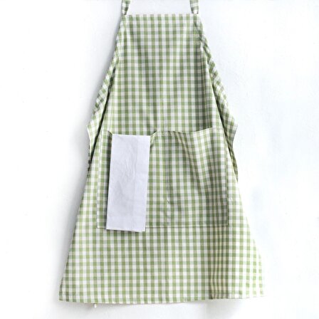 Bağcıklı, açık yeşil beyaz kareli dokuma kumaş mutfak önlüğü  90x70 cm