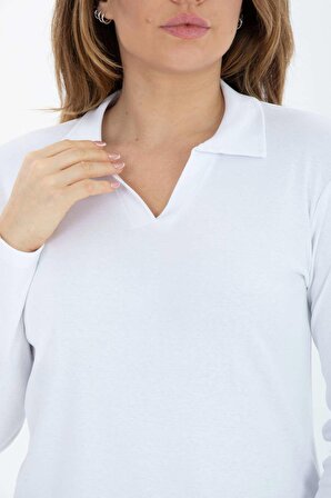 Curve Büyük Beden Pamuklu Likralı V Yaka Basic Düz Beyaz Bluz