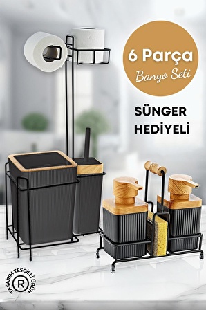 Siyah Ahşap Desenli Yedekli Wc Kağıtlık 6 Parça Banyo Seti- 3 Adet Duş Lifi+ 1 Adet Sünger Hediyeli