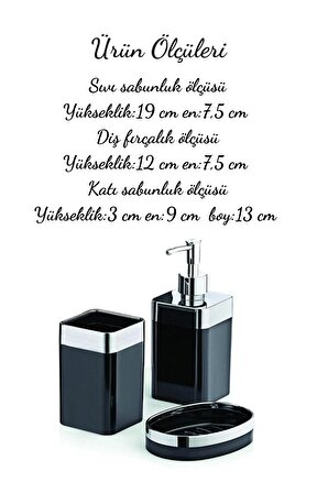 Metal Standlı Krom Detaylı Banyo Seti Siyah- Sıvı Sabunluk Katı Sabunluk Diş Fırçalık