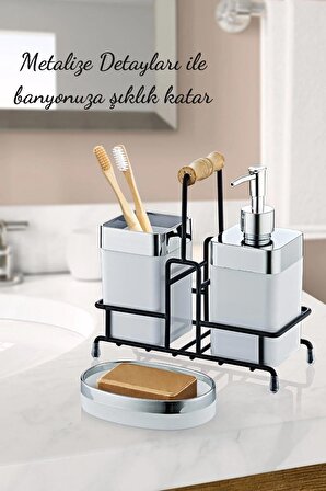 Metal Standlı Krom Detaylı Banyo Seti Beyaz- Sıvı Sabunluk Katı Sabunluk Diş Fırçalık