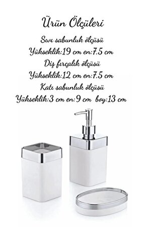 Metal Standlı Krom Detaylı Banyo Seti Beyaz- Sıvı Sabunluk Katı Sabunluk Diş Fırçalık