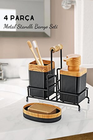 Metal Standlı Ahşap Detaylı Banyo Seti- Sıvı Sabunluk Katı Sabunluk Diş Fırçalık