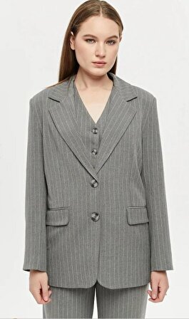 Kadın Regular Astarlı Dokuma Çizgili Blazer Ceket