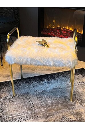 Modern Lüks Gold Metal Ayaklı Peluş Kumaşlı Dekoratif Puf Bench Sandalye