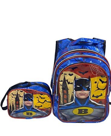 Batman Yarasa Model Desenli Kumaş Lüks İlkokul Çantası 2'li Takım
