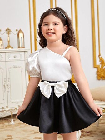 Tek Kol Beyaz Bluz ve Kloş Siyah Etek Saten Alt Üst Kız Çocuk Bebek Abiye Takım