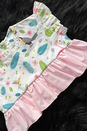 Flamingo Desenli Kız Çocuk Bebek Crop Kısa Renkli Pembe Şeker Bluz