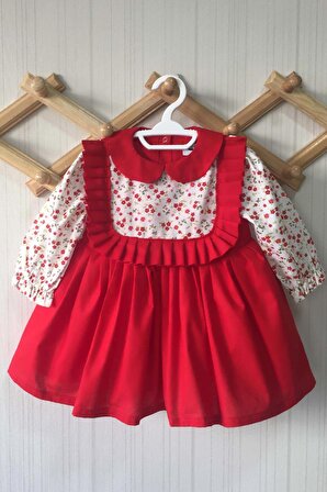 Bebe Yaka Pileli Çiçek Desenli Kırmızı Kız Çocuk Bebek Elbise