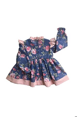 Fırfır Detaylı Çiçek Desenli Pembe Mavi Kız Çocuk Bebek Elbise