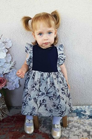Dantel Ve Fırfır Detaylı Pamuklu Örme Mavi Gri Kız Çocuk Bebek Elbise
