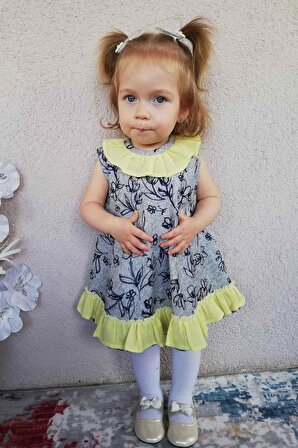 Fırfır Detaylı Kolsuz Gri Sarı Kız Çocuk Bebek Elbise
