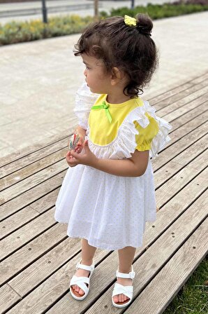 Puantiyeli Kısa Kol Sarı Kız Çocuk Bebek Yazlık Elbise