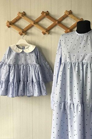 Çizgili Ve Yıldız Desenli Anne Kız Çocuk Bebek Mavi Pamuklu Elbise (Adet Fiyattır)