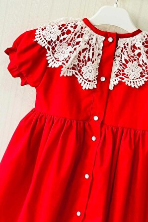 Dantel Yaka Poplin Kırmızı Kız Çocuk Bebek Elbise