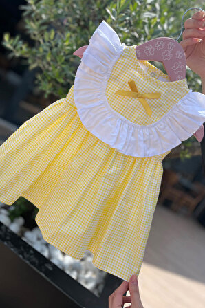 Fırfır ve Kurdele Süslemeli Pötikare Sarı Kız Çocuk Bebek Elbise