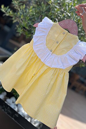 Fırfır ve Kurdele Süslemeli Pötikare Sarı Kız Çocuk Bebek Elbise