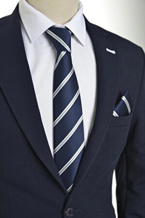 Brianze Beyaz Çizgili Lacivert Mendilli Kravat 