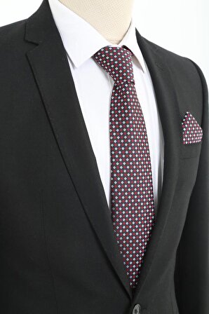 Brianze Siyah Bordo Beyaz Desenli Mendilli Kravat 