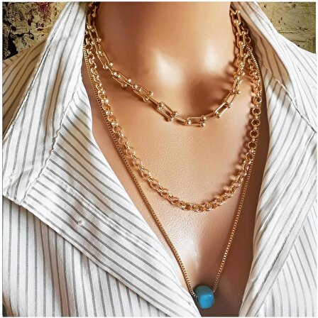 Altın Kaplama Zincir & Mavi Boncuk & Tiffany Model Kadın Kolye