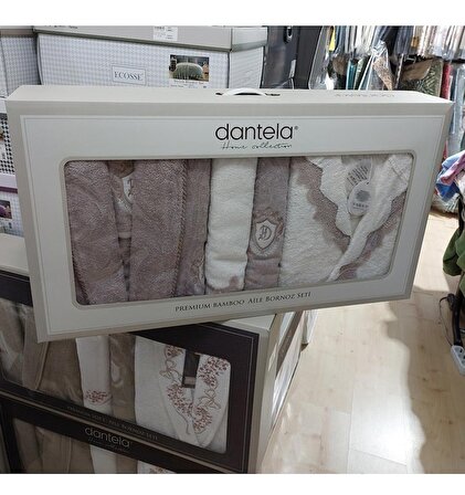 Dantela Home Premium Bamboo Güpürlü Aile Bornoz Seti-Almira Krem Kiremit