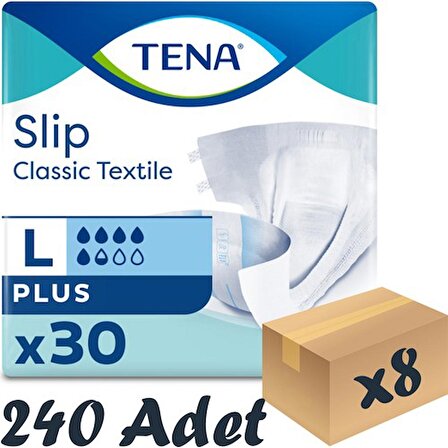 Tena Slip Classic Plus Tekstil Bel Bantlı Hasta Bezi, Büyük Boy (L), 5.5 Damla, 30'Lu 8 Paket 240 Adet