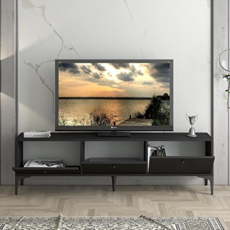 Wood'n Love Etna Premium Metal Ayaklı Dolaplı 160 Cm Tv Ünitesi - Wood Siyah / Siyah