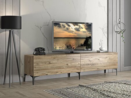 Wood'n Love Vega Premium 200 Cm Geniş Dolaplı Metal Ayaklı Tv Ünitesi - Atlantik Çam / Siyah