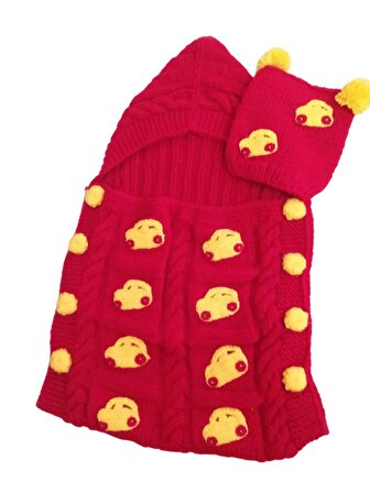 El Örgüsü Araba Desenli Şapkalı Kırmızı-sarı Bebek Tulumu (38 Cm X 65 Cm)