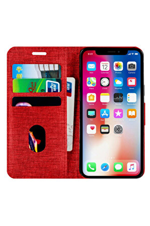 Buway Apple Iphone 14 Kartvizitli Cüzdan Kılıf Kırmızı