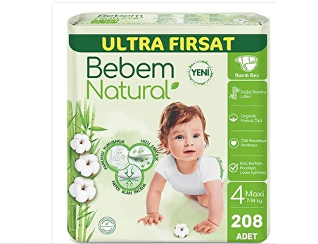 Bebem Natural Bebek Bezi Ultra Fırsat Paketi Maxi 4 No 208 Adet (104 x 2 Paket)