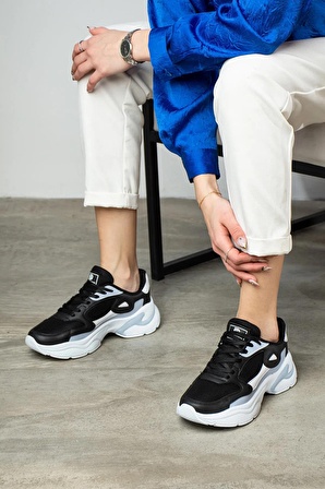 Kadın Beyaz Siyah Mavi Cilt Spor Ayakkabı