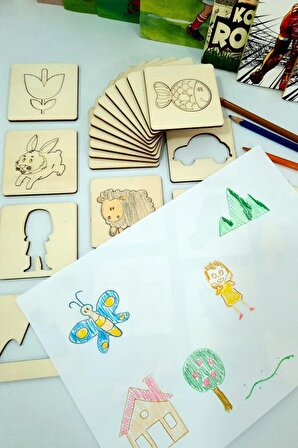 Ahşap Çizim Şablon Seti, Çocuk Ahşap Boyama 10'luk Hobi Seti, Aktarma Kalıbı, Şekil Çizim Kartları